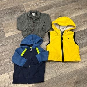Lot of 3 24m/2T outerwear, hoodie, cable sweater, vest EUC